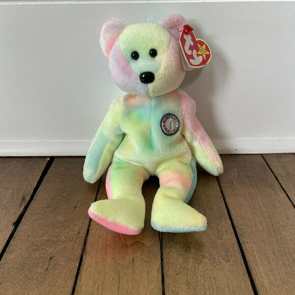 Ty Beanie Baby Birthday Bear 1999 Rare Unmarked Tag Pastel Tie-Dye B.B. Bear - Picture 1 of 10